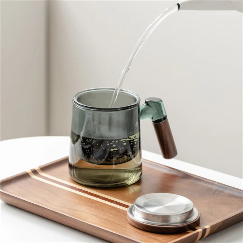 400ml Walnut Wooden Handle Lid Filter Glass Tea Cup Tea Water Separation Scented Tea Cup Office Flower Tea Separation Tea Mug