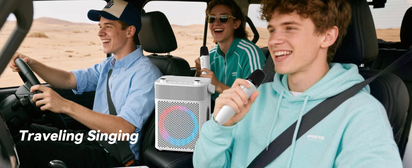 Portable Karaoke Machine with 2 UHF Wireless Microphones, Bluetooth Speaker with Leather Bag, IPX4 Waterproof, 18H Playtime, Extra Bass Sound