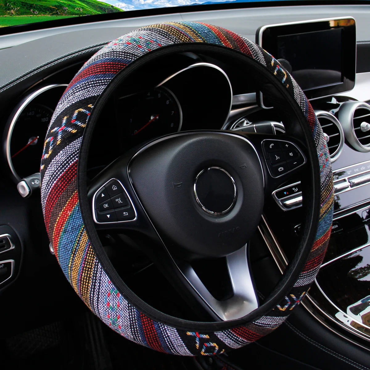 Bohemian Linen Fabric Car Steering Wheel Cover 37CM 38CM