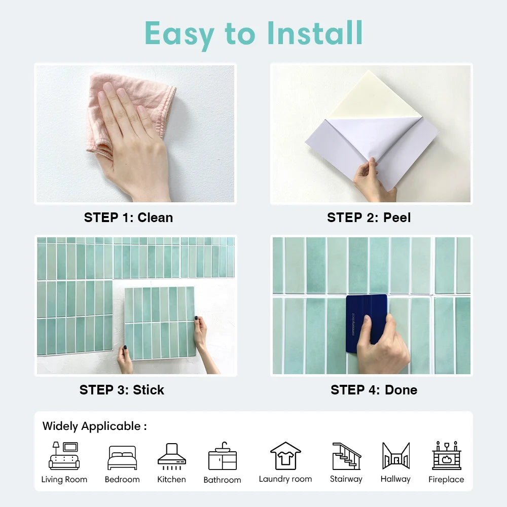 10pcs 3D Tile Stickers, Self-adhesive Green Tile Backsplashes for Kitchen, Bathroom Walls, Water and Mold Resistant, Matt, 30x30cm