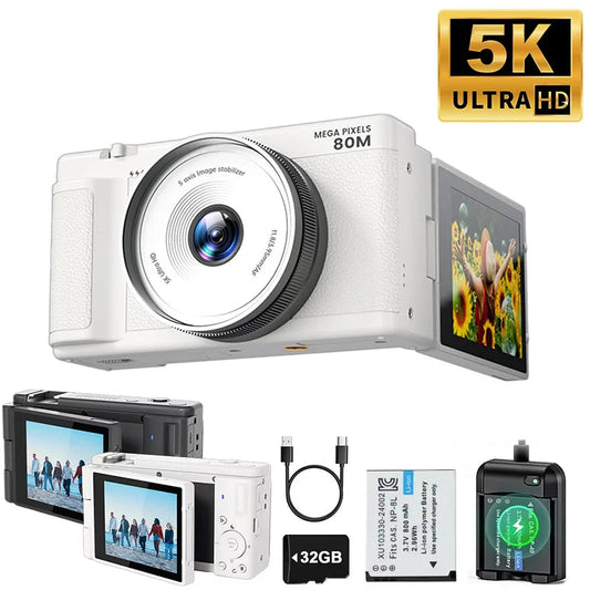 5K 80MP Digital Camera with 6-Axis Stabilization, 270° Flip Screen & 18X Zoom for Vlogging Photography