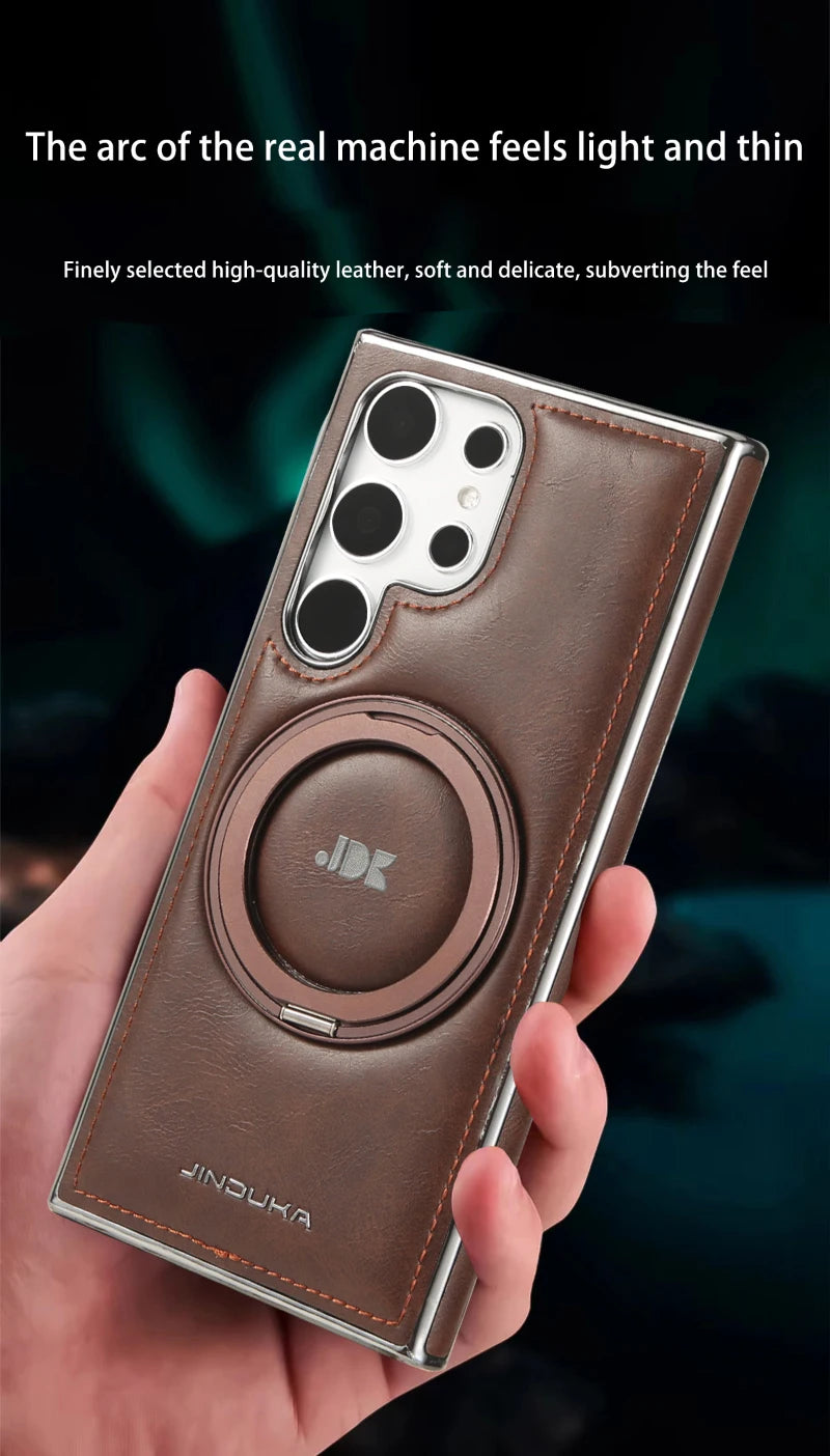 For Magsafe  360°Rotating Metal Car Bracket Ring Solid Color Leather Phone Case For Samsung S24 Ultra S22 S23 Ultra Plus