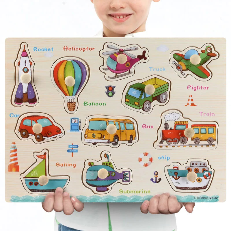 Montessori Wooden Puzzles Hand Grab Boards Toys Tangram Jigsaw  Educational Toys Cartoon Vehicle Animals Fruits 3D Puzzles