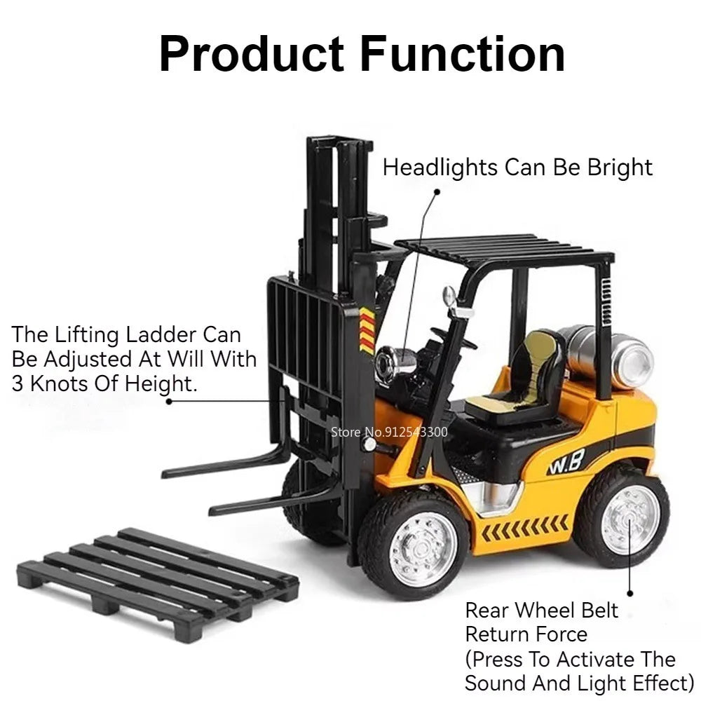 1:24 Crane Forklift Model Car Toy Diecast Metal Warehouse Lift Truck Sound Light Pull Back Adjustable Engineering Vehicle Models