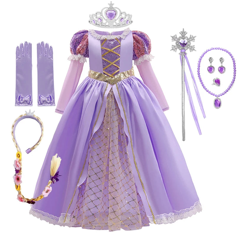 Rapunzel Princess Girl Dress Cosplay Tangled Halloween Party Vestido  Birthday Christmas