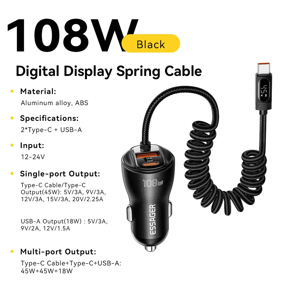 108W Car Charger PD Fast Charging 2 USB C + USB A with Digital Display Spring Cable