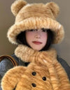 Tiger Printed Hat with Plush Scarf Cap Bear Ears Hat for Cold Weather Travel