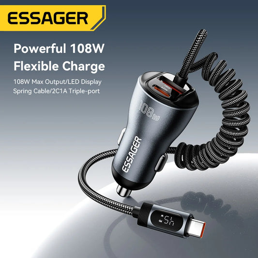 108W Car Charger PD Fast Charging 2 USB C + USB A with Digital Display Spring Cable