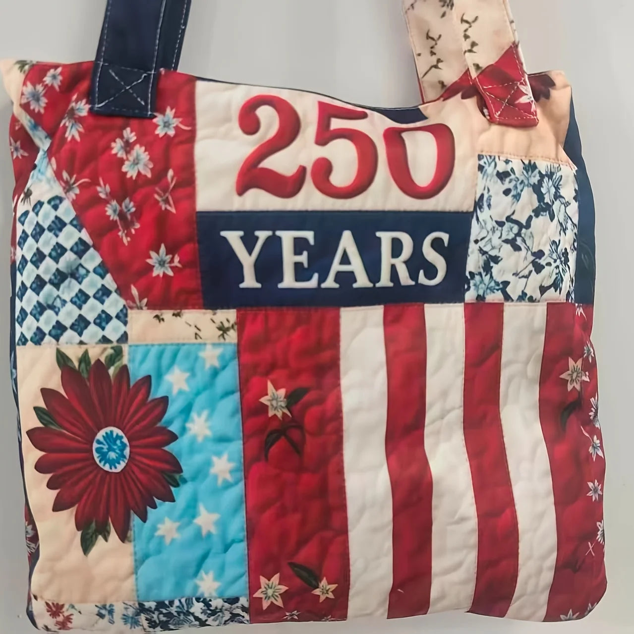 Patriotic Quilted Tote Bag 250 Years American Flag Patchwork Shoulder Handbag