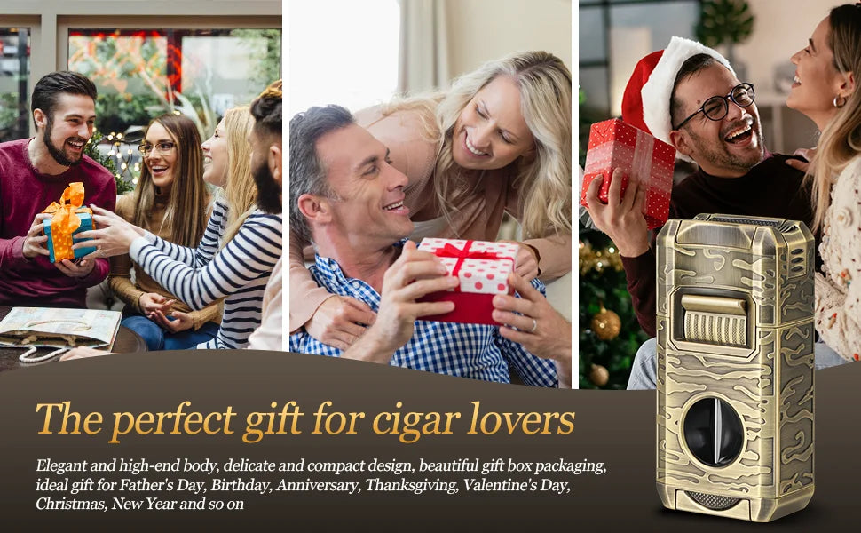 Cigar Lighter, 7-in-1 Cigar Lighter, Dual-Flame Windproof, Built-in Dual Punch, V-Cut, Flat Cut, Cigar Holder (No Butane)