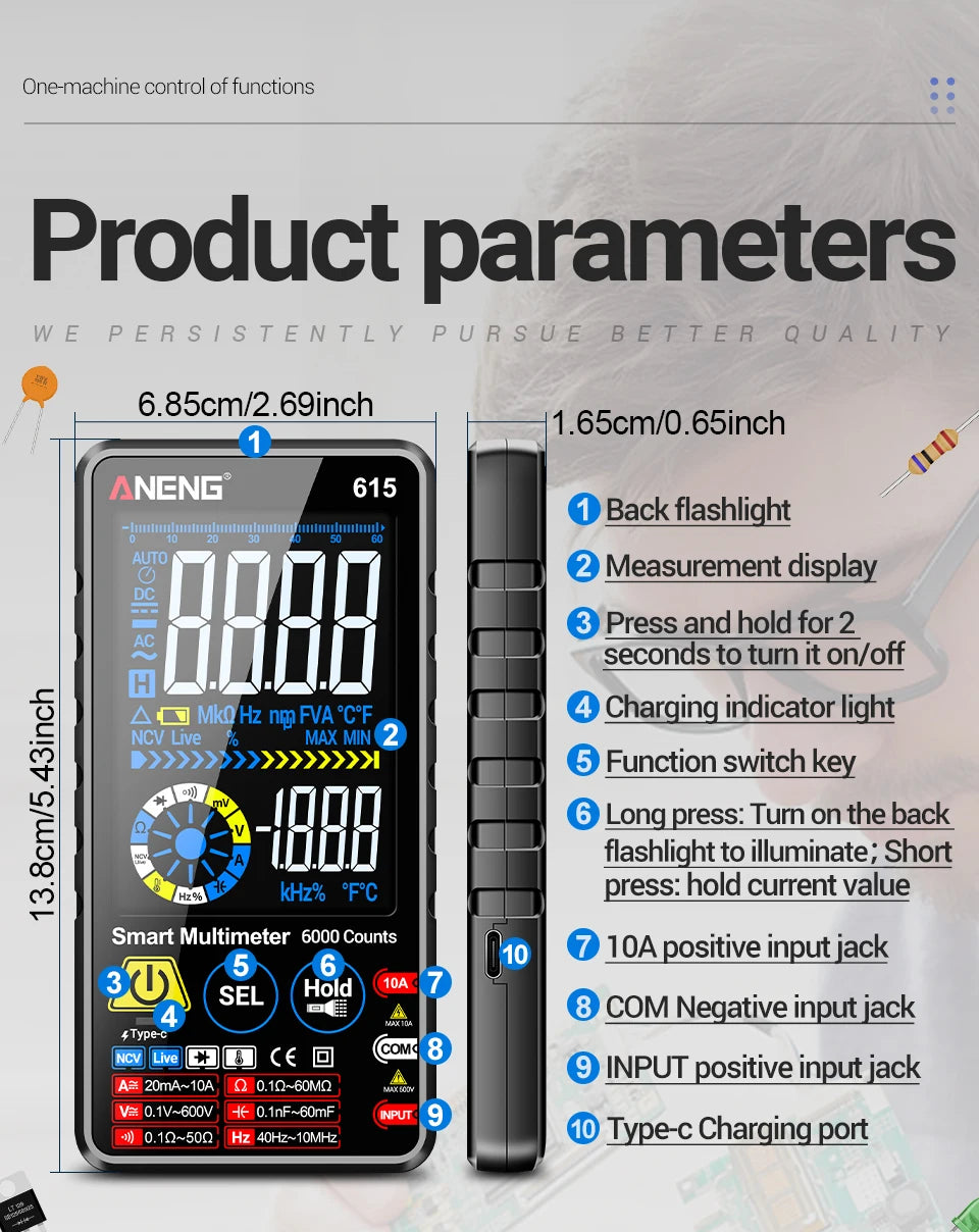 Multimeter Smart Touch Multi tester AC/DC Current Voltage Tester 6000 Counts NCV Meter Battery Charging Instrument Tool