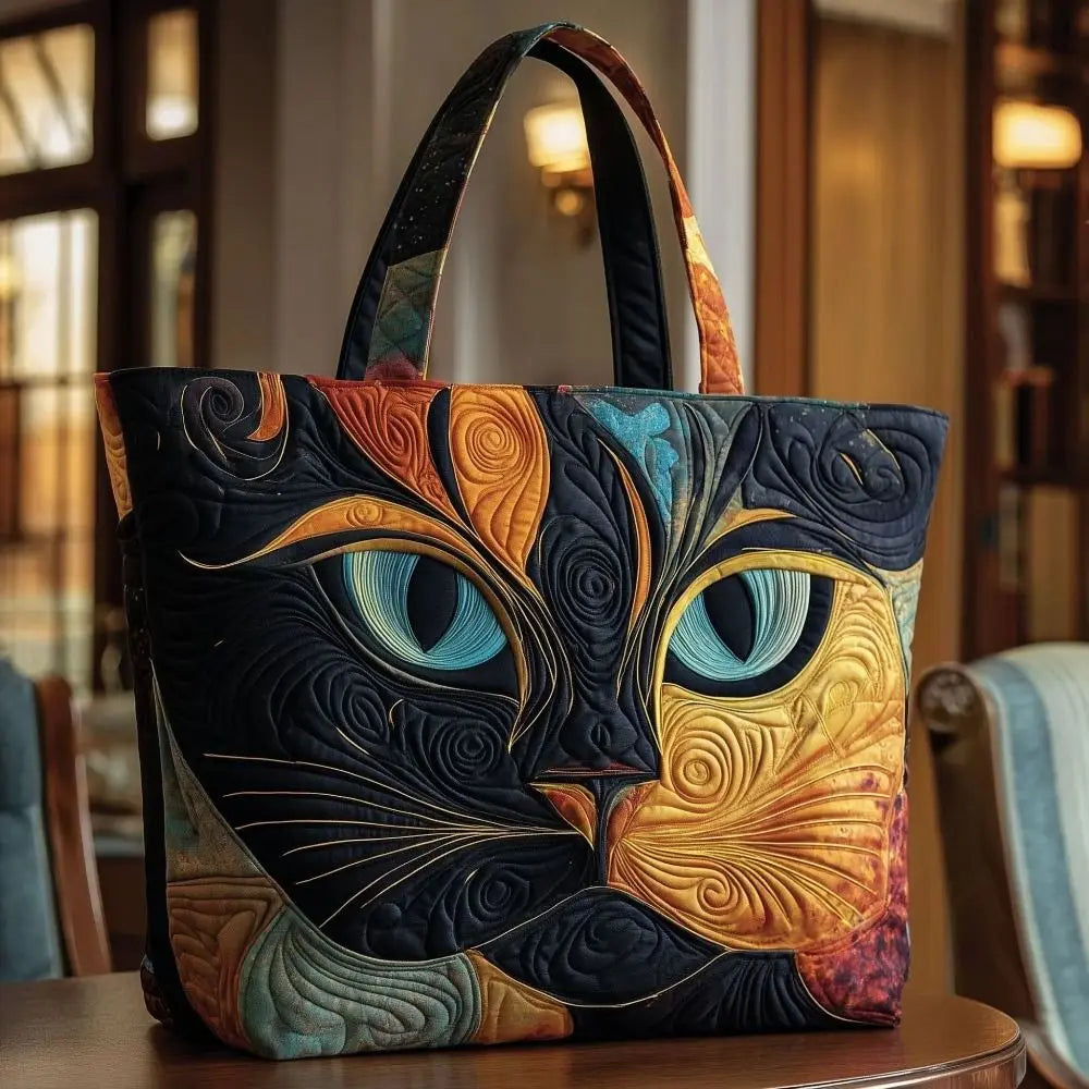 Cat Print Quilted Tote Bag Large Capacity Floral Shoulder Handbag