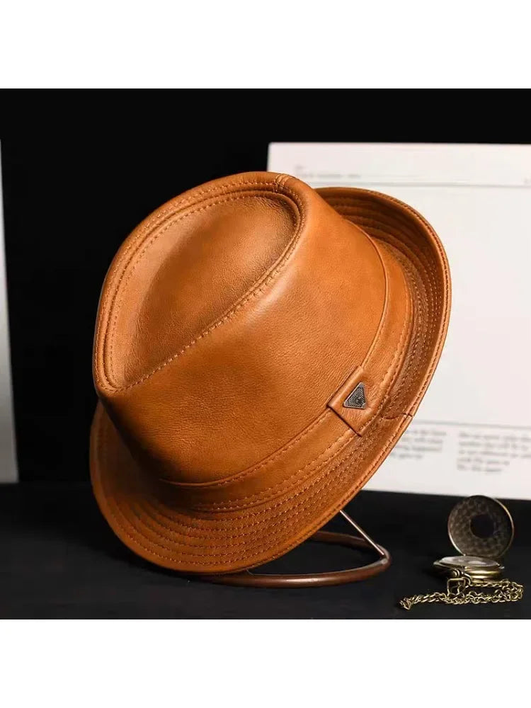 Man High Quality Genuine Leather Cowhide Formal hat Gentleman Cow Skin Short Brim Black/Brown Top Hat Male Shows Gentleman