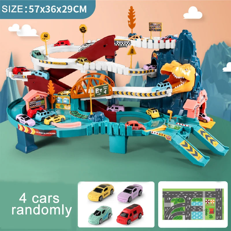 Electric Rail Car Dinosaur Building Parking Lot Adventure Racing Rail Car Toys Brain Mechanical Interactive Rail Cars
