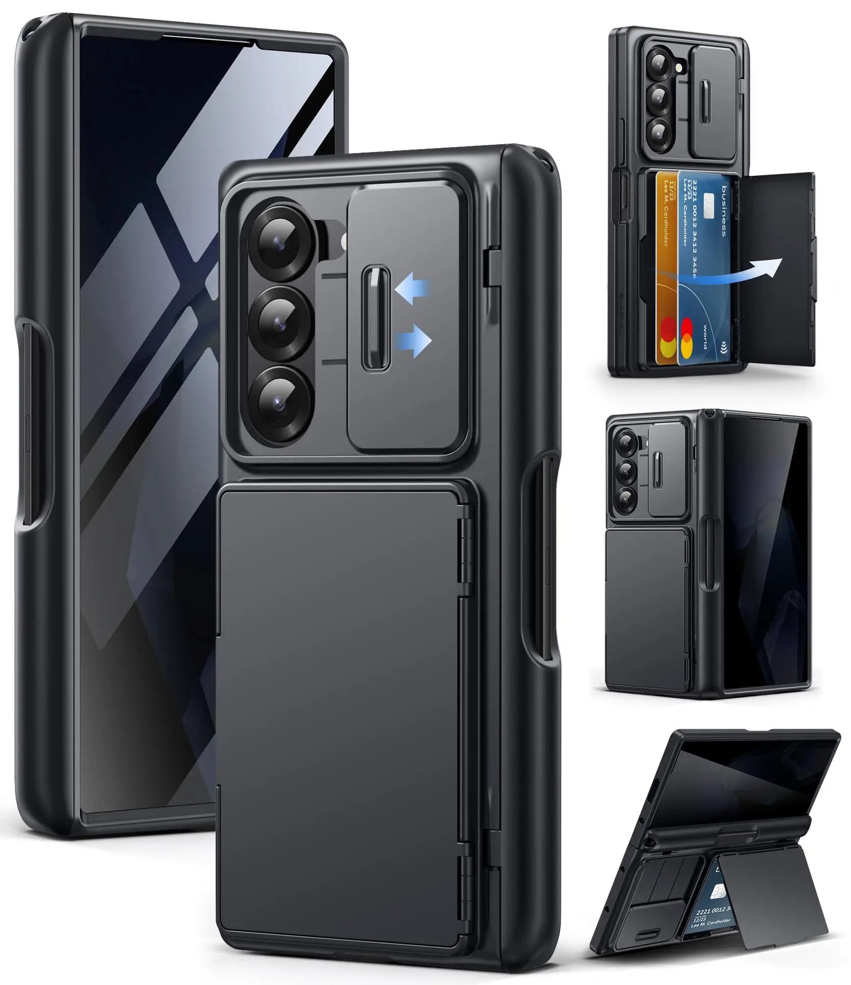For Z Fold 6 Case with Secure Card Holder Sliding Camera Cover Rugged Hinge Protection Wallet Phone Case Glass Screen Protector