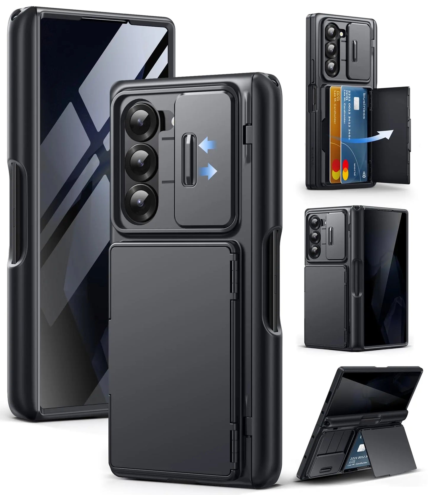 For Z Fold 6 Case with Secure Card Holder Sliding Camera Cover Rugged Hinge Protection Wallet Phone Case Glass Screen Protector