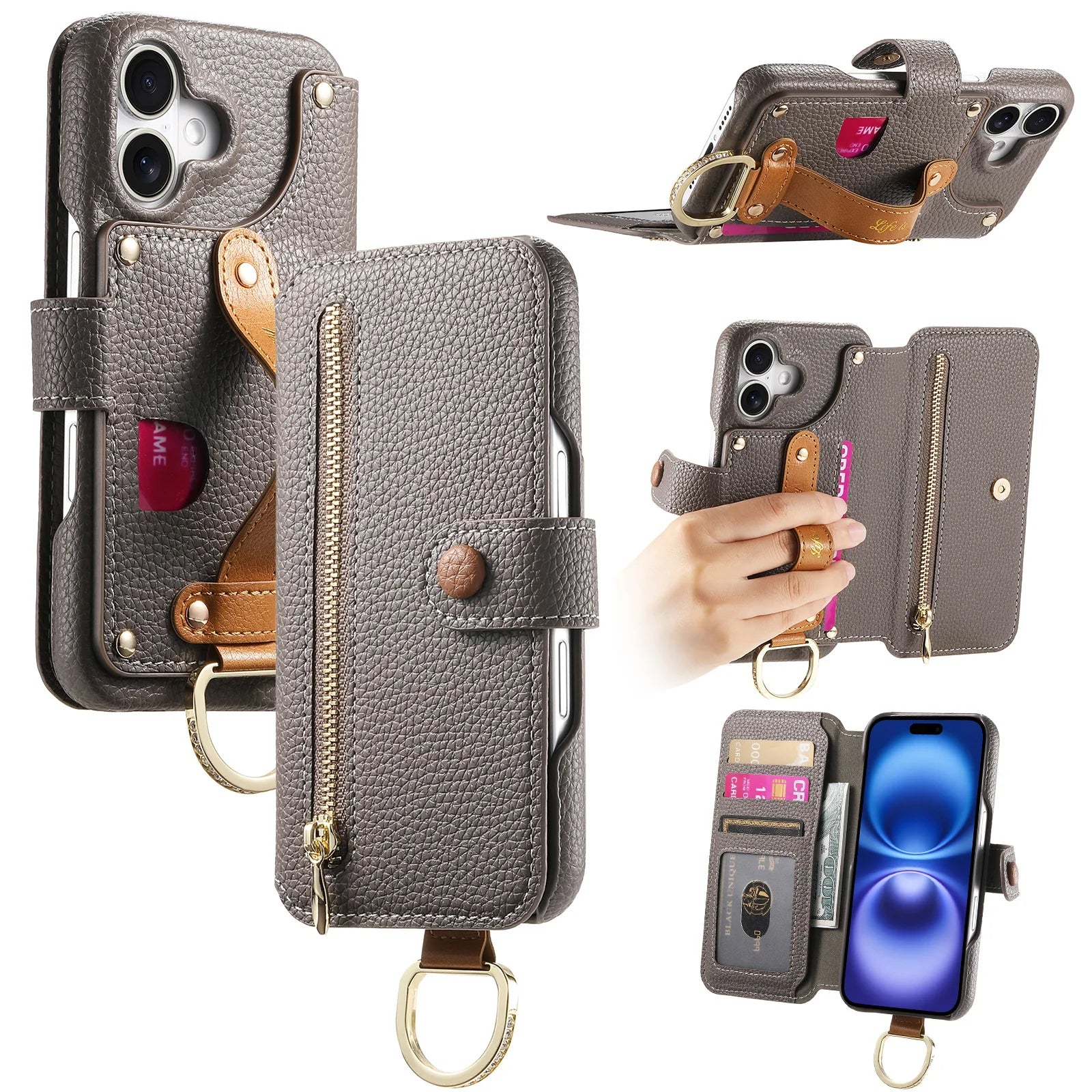 Wallet Flip Case for iPhone 16 15 Pro Max 14 Plus 16Pro 14Pro 15Pro Leather Strap Card Slots Zipper Cover