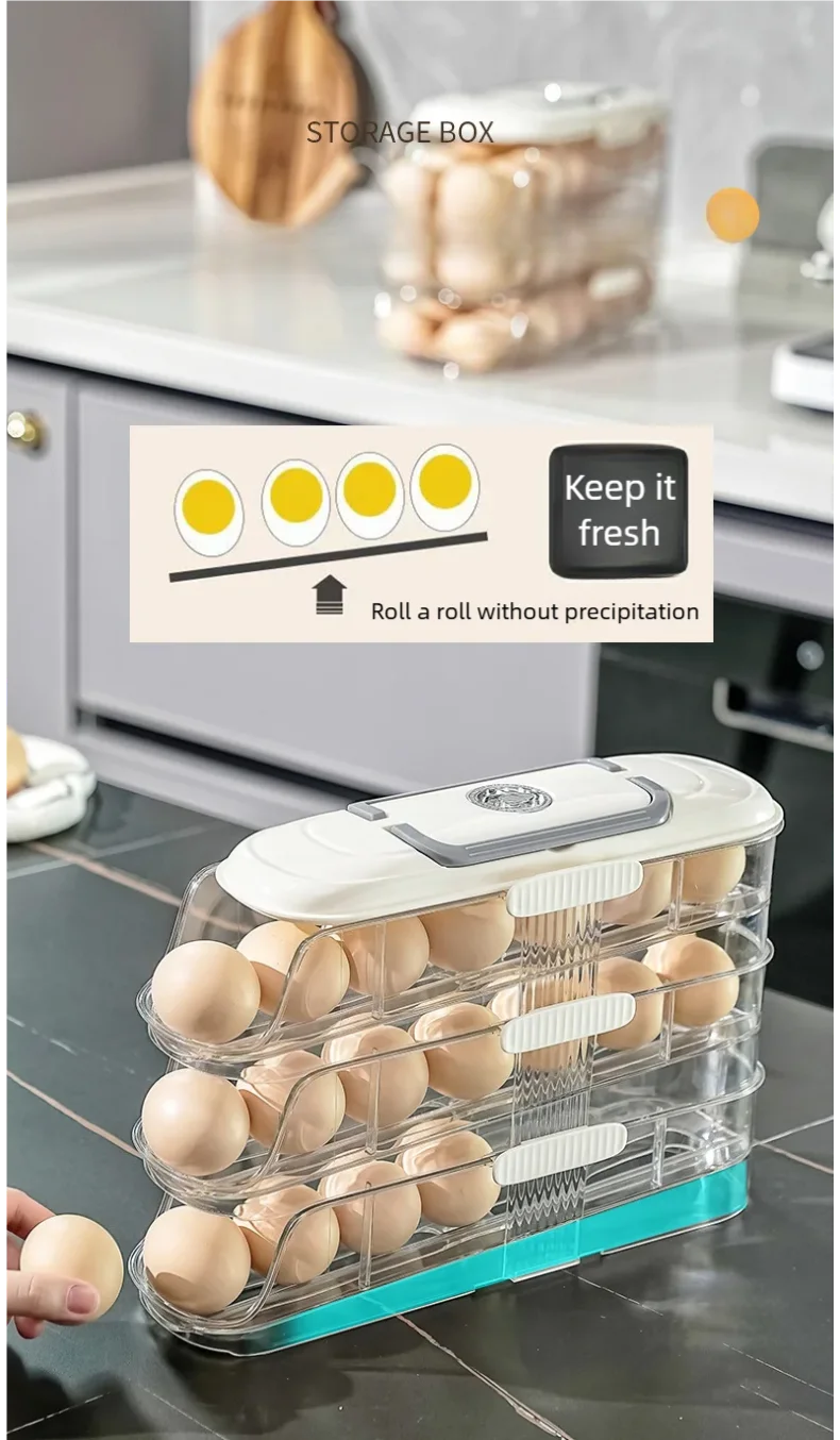 Multi-Layer Automatic Rolling Egg Storage Box – Refrigerator Side Door Egg Tray Rack Organizer