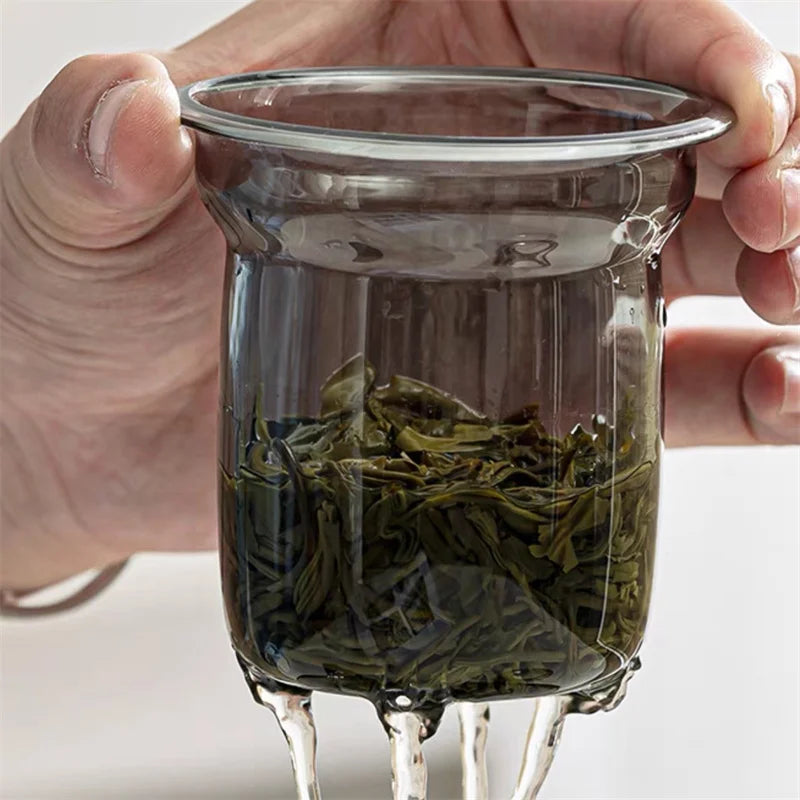 500ML Stripe Heat Resistant Glass Tea Water Separation Tea Cup With Wood Handle Filter Brewing Puer Cups Kung Fu Tea Mug Set