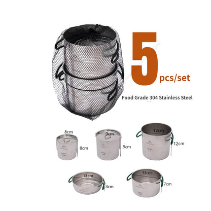 5PCS Camping Cookware 304 Stainless Steel Portable Outdoor Tableware Cookset Cooking Kit Pan Pot Hiking BBQ Picnic