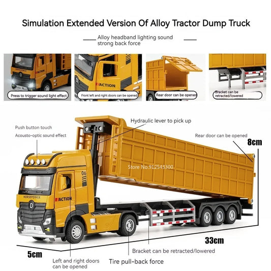 1/50 Extended Dump Truck Model Toy Metal Diecasting Doors Opened Sound Light Pull Back Vehicle Models Ornaments 's Gifts