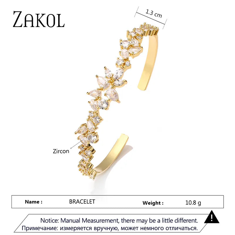 Fashion Gold Color Leaf Cuff Bangles for Women Elegant Green Cubic Zirconia Bracelets