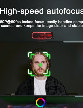 1080P Gaming Webcam 60FPS Autofocus Fill Light Camera Privacy Cover 7 Colors RGB Fill Light Stereo for Laptop Live Streaming