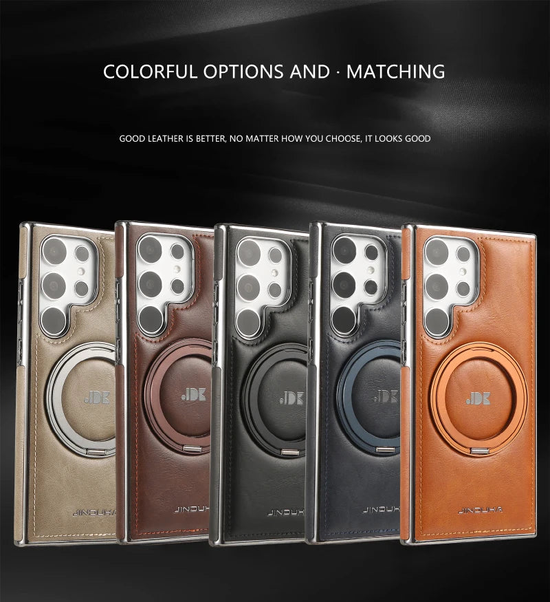 For Magsafe  360°Rotating Metal Car Bracket Ring Solid Color Leather Phone Case For Samsung S24 Ultra S22 S23 Ultra Plus