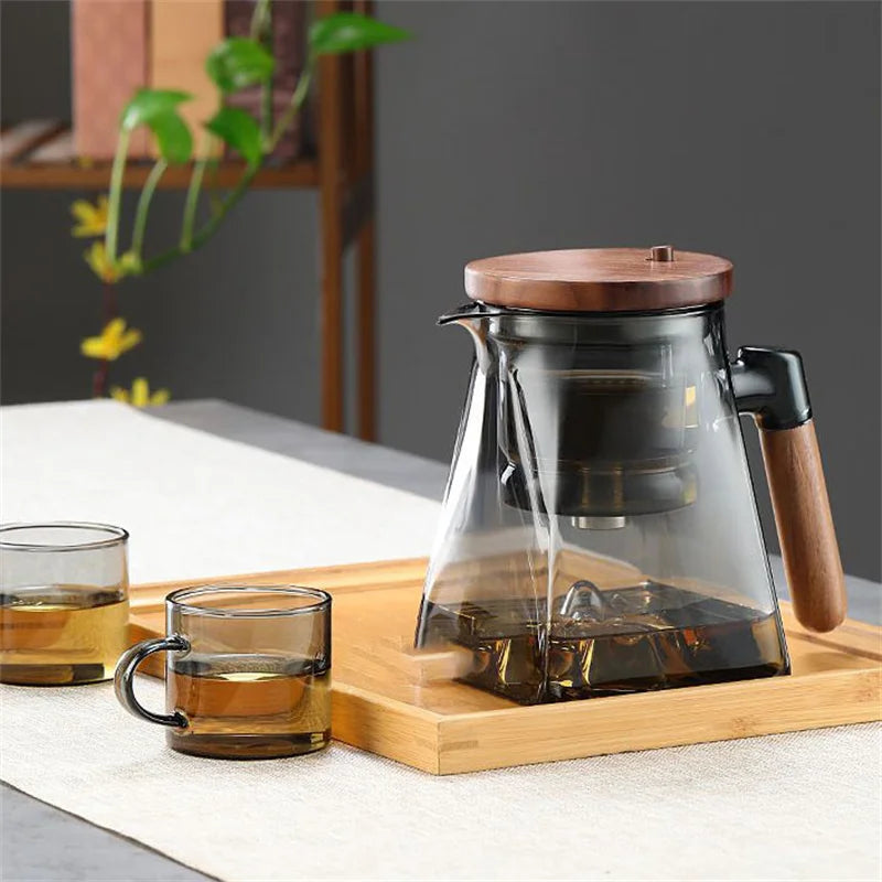 One Click Tea Separation Filtration Bottom Mountain View Glass Teapot With Wood Handle 700ml Kungfu Tea Water Separation Tea Pot