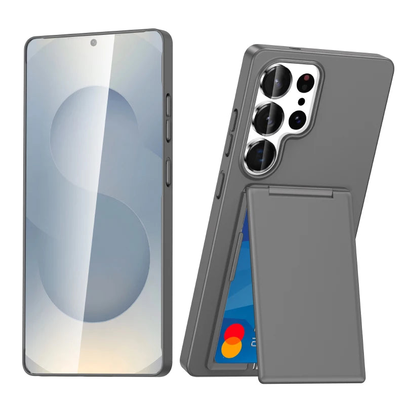 Luxury Solid Color Matte Wallet Card Slot Bracket Phone Case For Samsung S25 Ultra Edge S23 S24 Ultra Plus Bumper Back Cover