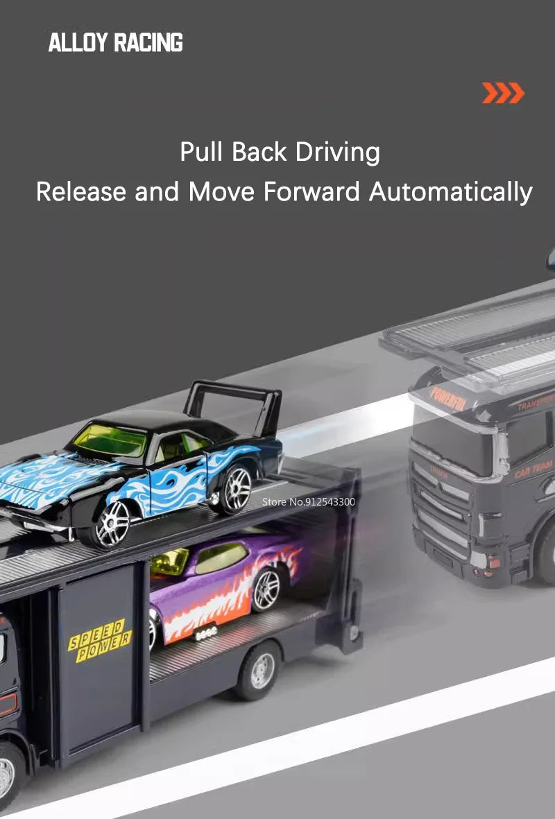 Scale 1:64 Container Alloy Trailer Model Toy Car Diecast Metal Movable Joint Pull Back Rescue Engineering Vehicles Gifts for