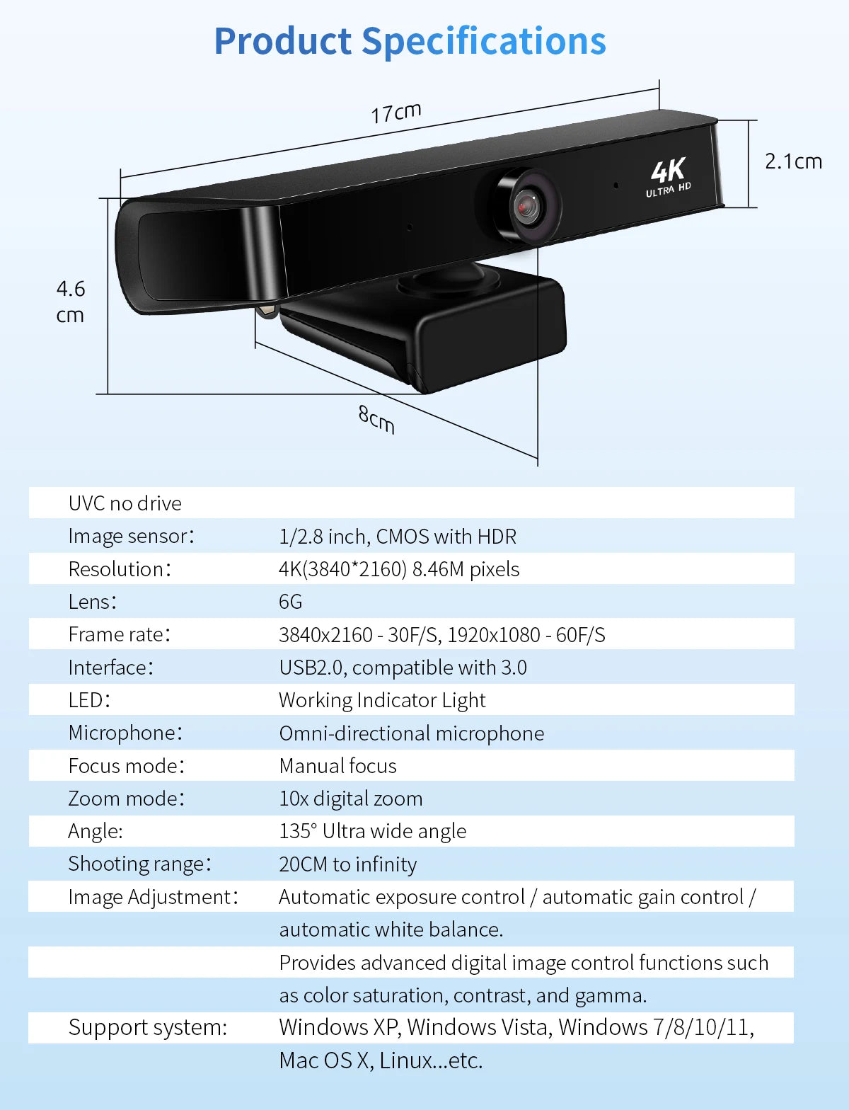 Webcam 4K UHD 10X Zoom Camera for Pc 60fps USB Web Cam for PC Computer Camera for Live Streaming Video Calling Conference