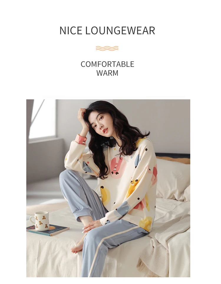 Women’s Cute Lazy Style Cotton Pajama Set – Soft, Loose Long Sleeves & Pants