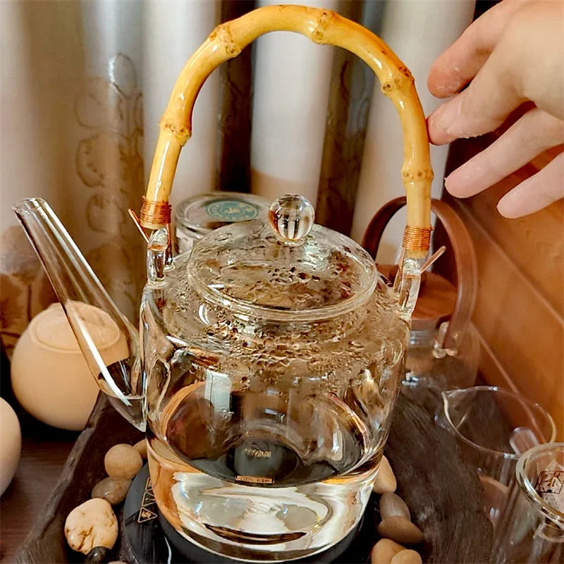 1350ml Bamboo Handle Beam Tea Pot Heat Resistant Glass Teapot With Filter Flower Tea Kettle Kungfu Lifting Beam Tea Pot Teaware