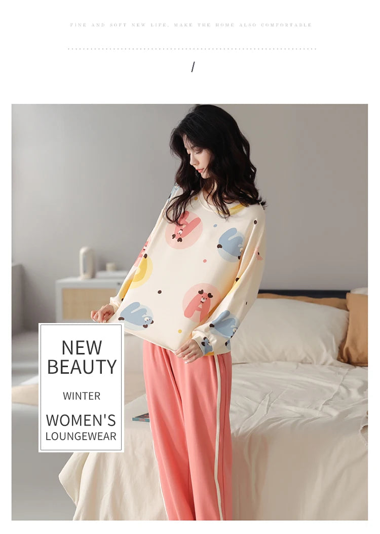 Women’s Cute Lazy Style Cotton Pajama Set – Soft, Loose Long Sleeves & Pants