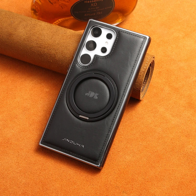 For Magsafe  360°Rotating Metal Car Bracket Ring Solid Color Leather Phone Case For Samsung S24 Ultra S22 S23 Ultra Plus