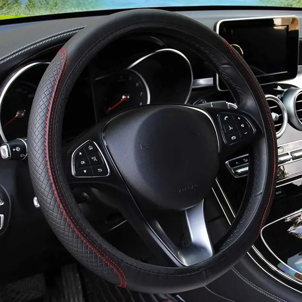 Embossed Leather Car Steering Wheel Cover Anti Slip 37CM 39CM