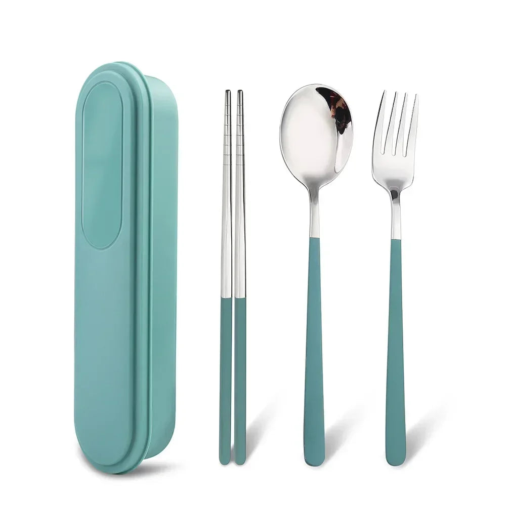 Portable Stainless Steel Cutlery Set with Storage Box, 304 Steel Fork Spoon, Travel Flatware for Student Outdoor, Dinnerware Set