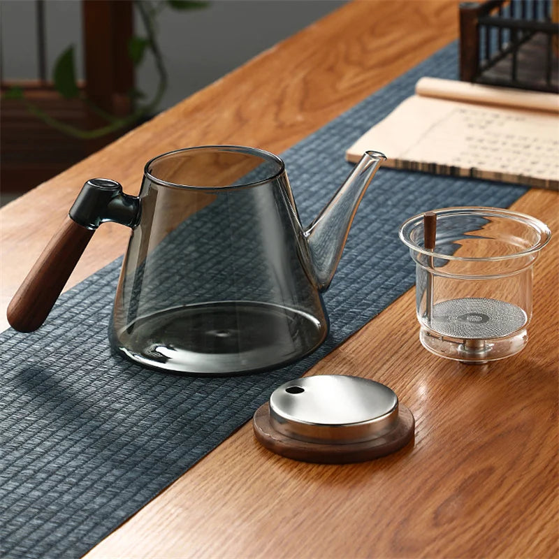 Easy One Click Tea Separation Filtration Glass Teapots With Wood Handle 850ml Tea Water Separation Tea Pot With Infuser Filter