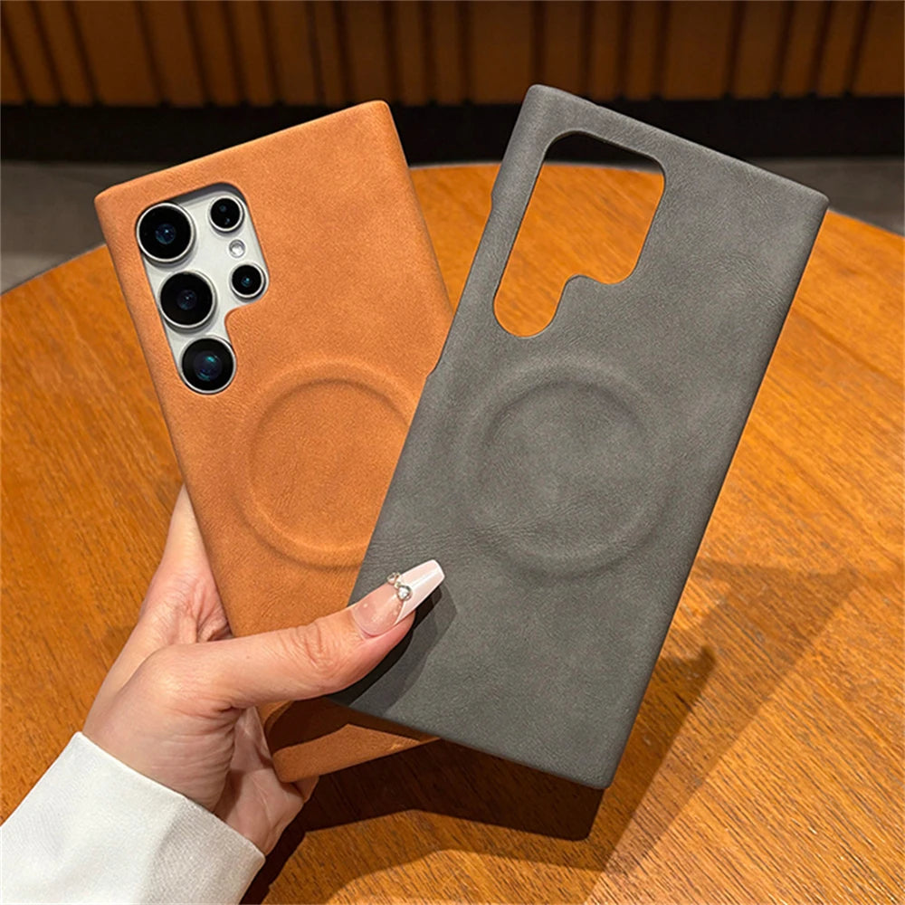 Luxury Leather  For MagSafe Wireless Charging Phone Case For Samsung S23 S24 S25 Ultra Lambskin Solid Color Hard Cover