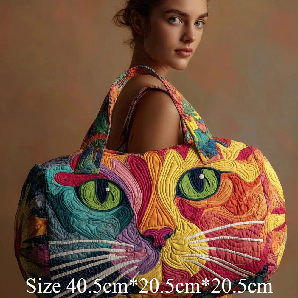 Cute 3D Quilted Cat Tote Bag Halloween Pumpkin Fall Leaves Floral Print Unique Travel Handbag Gift for Cat Lovers Shoulder Purse