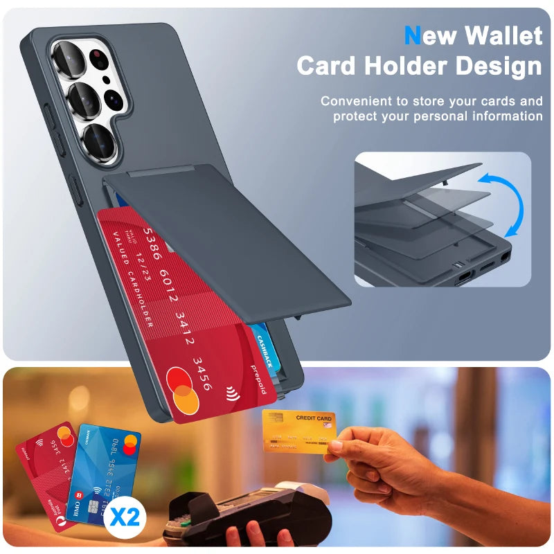 Luxury Solid Color Matte Wallet Card Slot Bracket Phone Case For Samsung S25 Ultra Edge S23 S24 Ultra Plus Bumper Back Cover