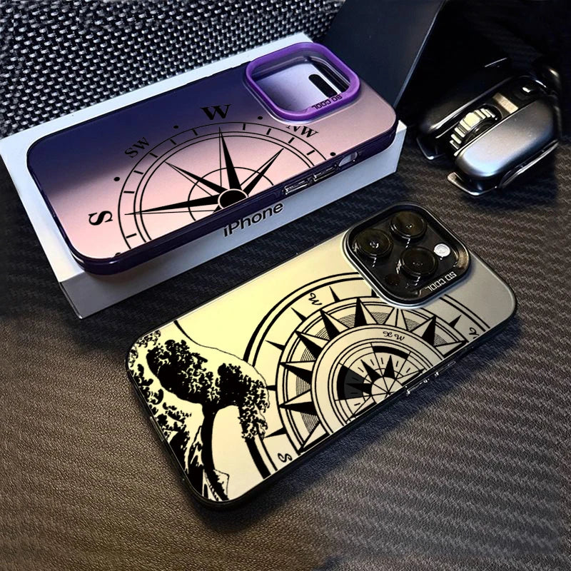 Fashion Vintage Compass Phone Case for iPhone 16 16E 14 15 Pro Max Hard IMD Shockproof Cover