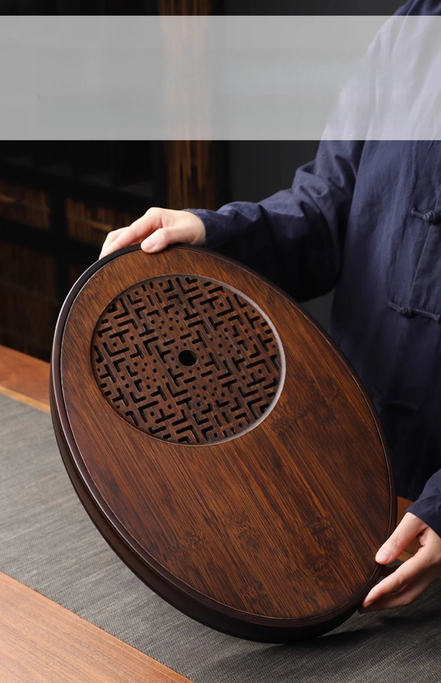 Chinese Tea Ceremony Culture Oval Tea Tray Natural Bamboo Hollow Drainage Storage Tea Tray Home Solid Wood Storage Tray