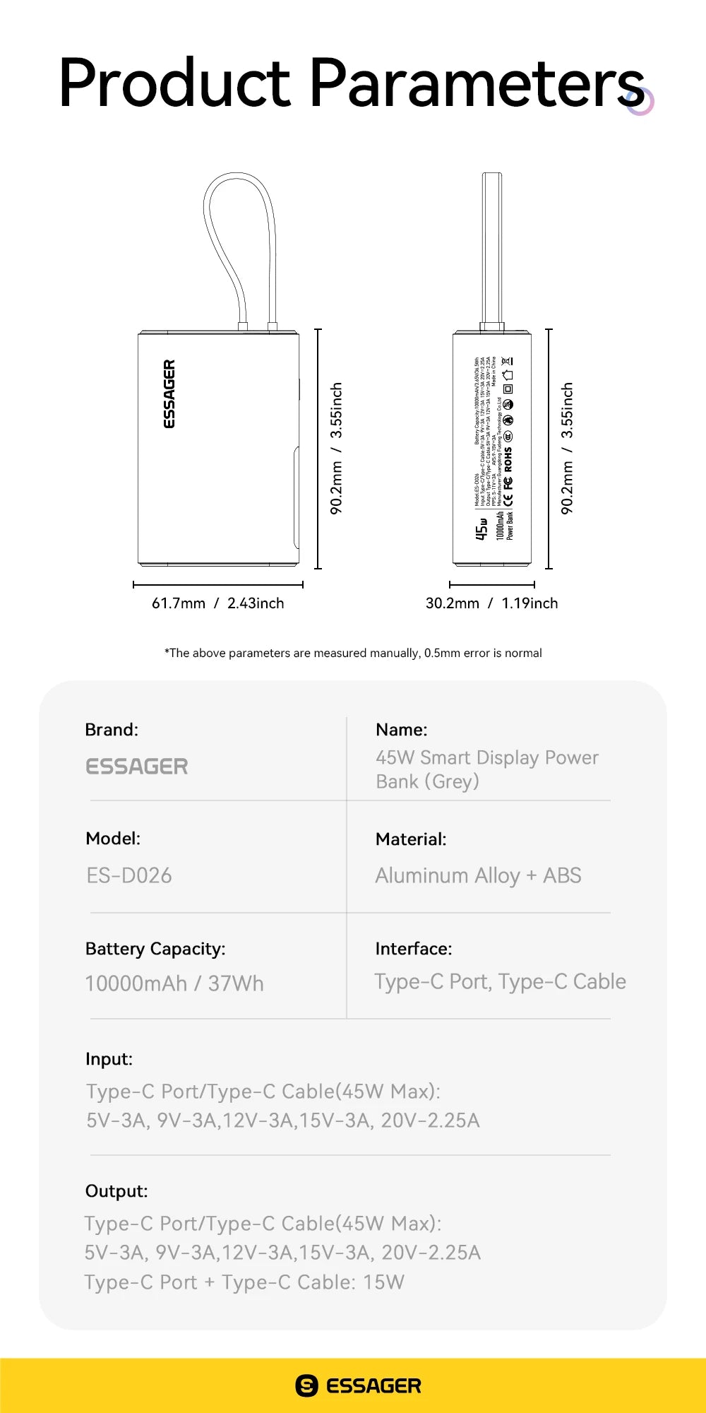 45W Power Bank 10000mAh Built-in USB C Cable Fast Charging Portable Battery with Digital Display