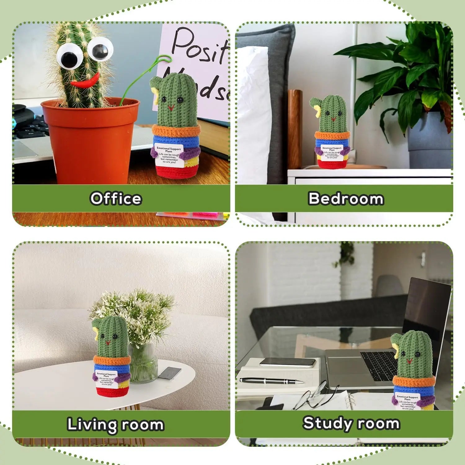 2 Pcs Funny Crochet Positive Energy Cactus Doll with Encouragement Card Handmade Wool Knitted Emotional Support Plant Ornament Gifts