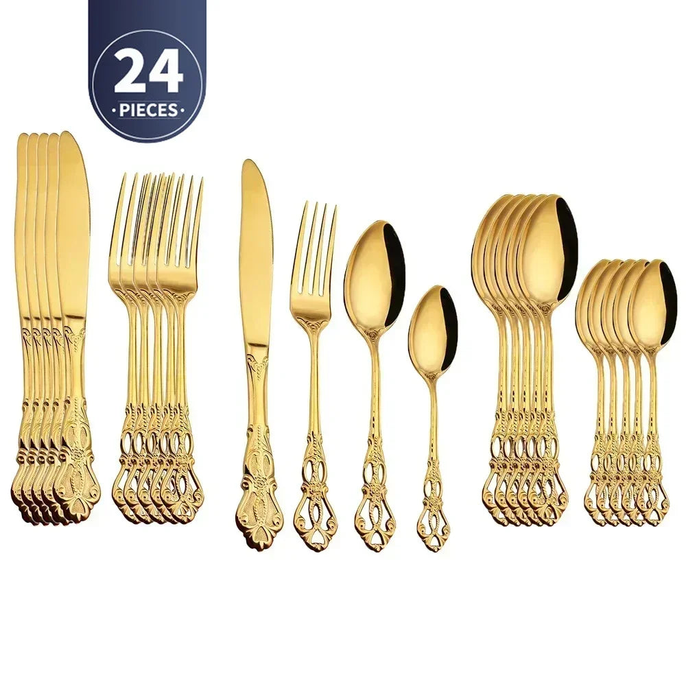 4pcs Gold Stainless Steel Cutlery Set Royal European Spoon Fork and Steak Knife Retro Hollow Design Dinnerware Luxury Tableware