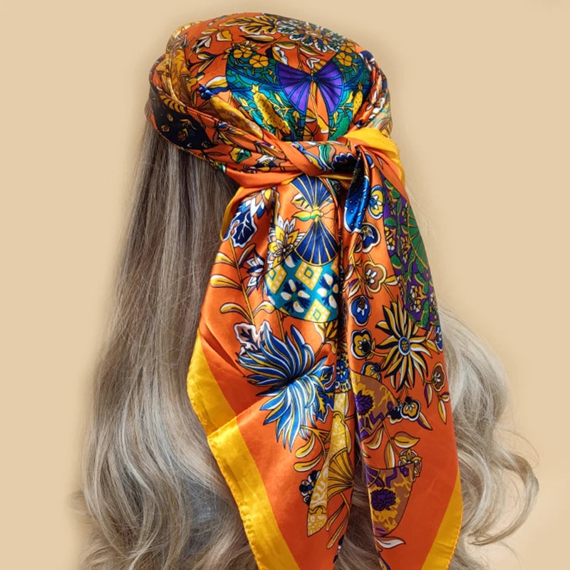 Kerchief Silk Satin Neck Scarf Women Print Hijab Female Square Shawls Wraps office Lady muffler bandanna
