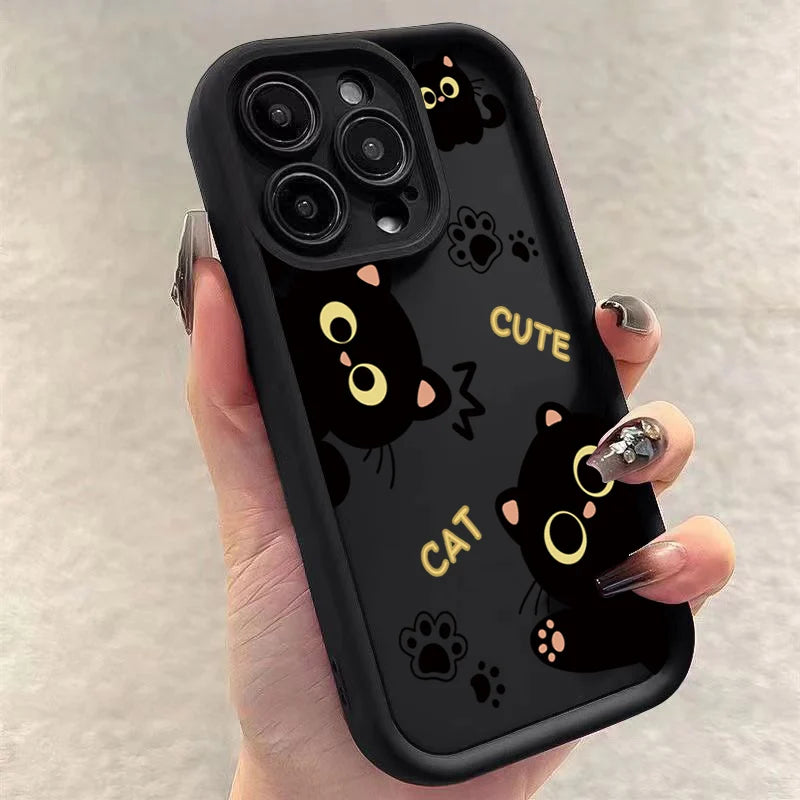 Lovely Black Cat Silicone Case For iPhone 17 16 15 14 Pro Max 16E 16 Plus 17Air Shockproof Back Covers