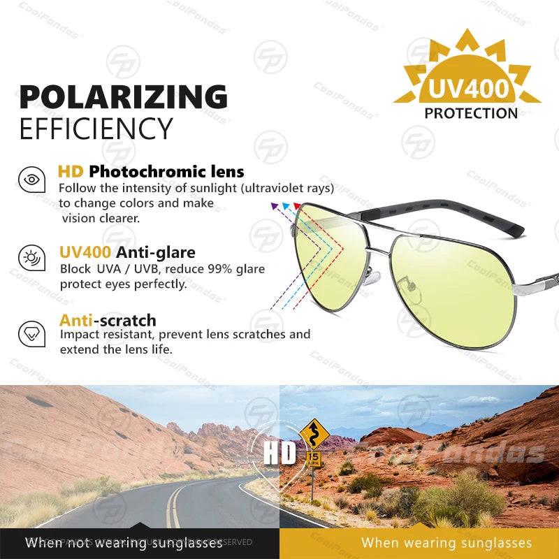 Intelligent Aviation Photochromic Polarized UV400 Day Night Driving Sunglasses for Men Women